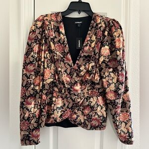 New EXPRESS Black/Pink Metallic Gold V-Neck Long Sleeve Wrap Blouse, Medium